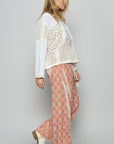 POL Lace Trim Drawstring Checkered Wide Leg Pants