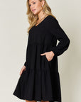 Double Take Full Size V-Neck Balloon Sleeve Tiered Dress with Pockets