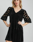 Umgee Dotted Lace Sleeve Tiered Velvet Mini Dress