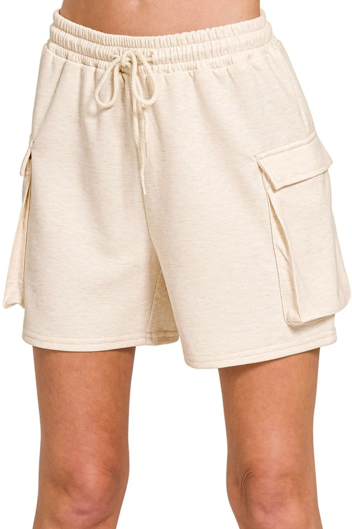 Zenana Scuba Thigh Pocket Shorts in Beige