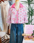 Floral Collared V-Neck Ruffle 3/4 Sleeve Shirt