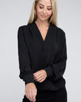 Zenana Woven Airflow V-Neck Long Sleeve Top