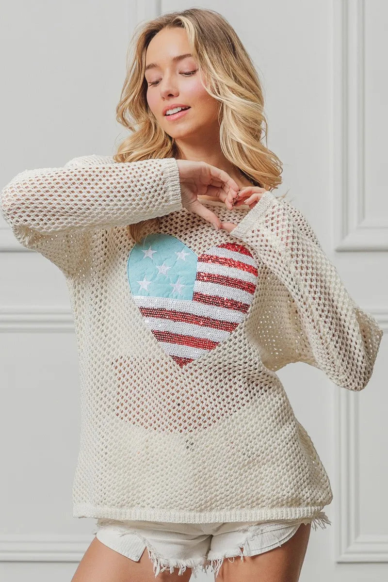 BiBi Sequin American Flag Heart Knit Cover Up