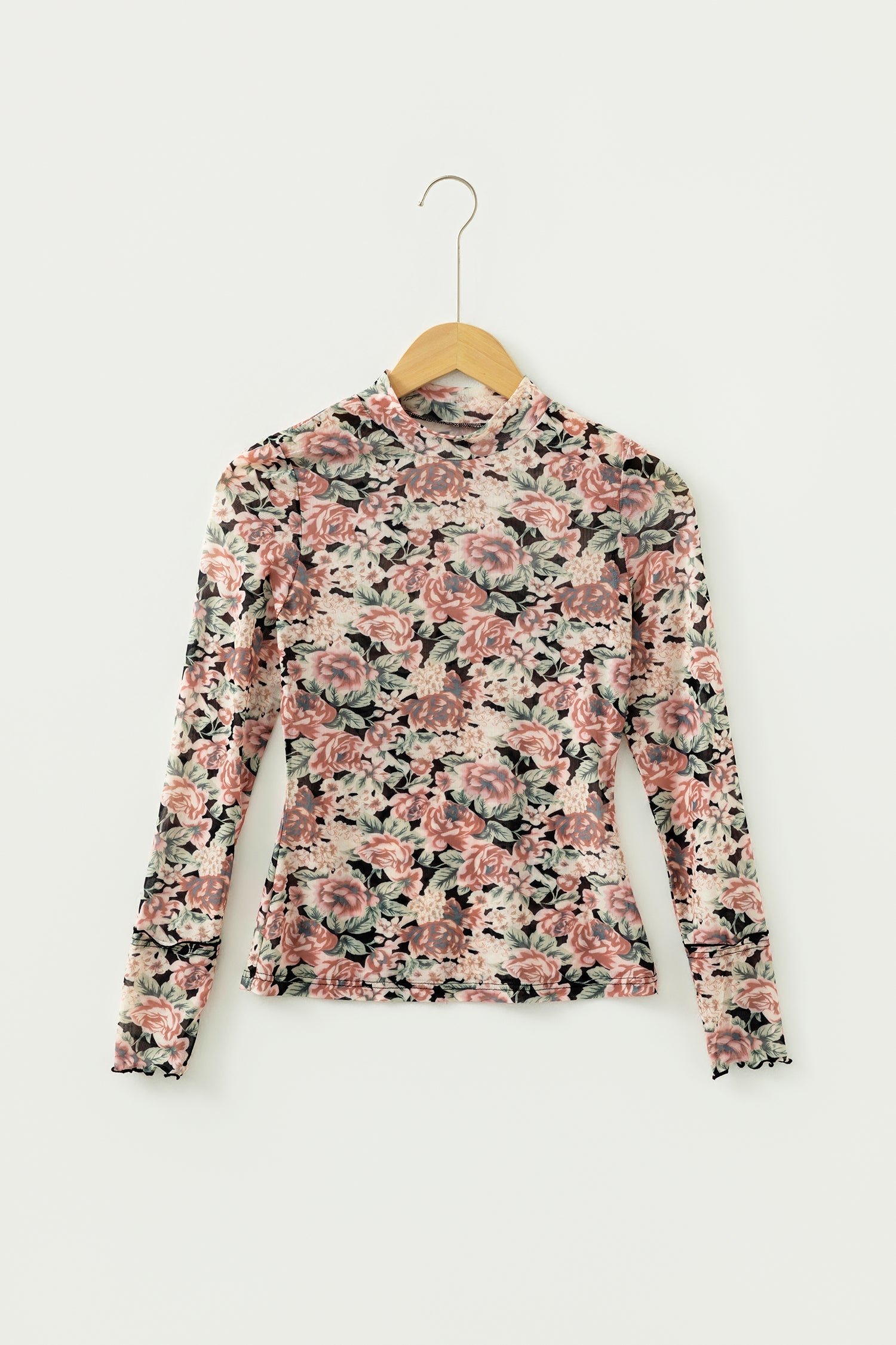 Floral Mesh Mock Neck Long Sleeve Top