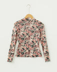 Floral Mesh Mock Neck Long Sleeve Top