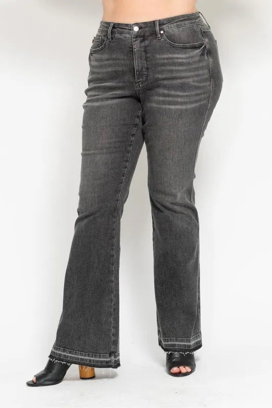 Judy Blue Full Size Midi Rise Tummy Control Washed Gray Release Hem Flare Jeans Plus Size