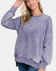 Zenana High-Low Acid Wash Fleece Sweatshirt