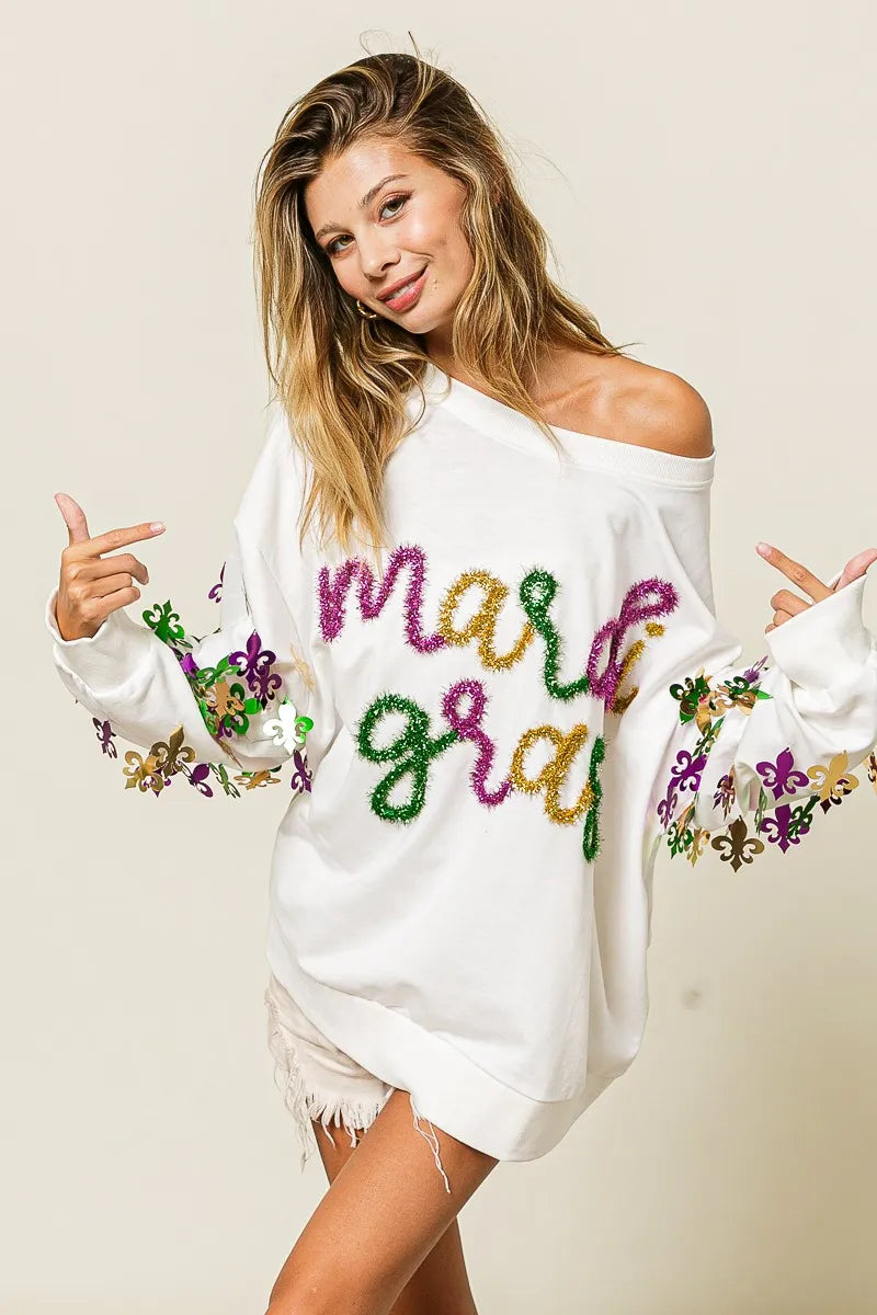 BiBi Fleur De Lis Sleeve Mardi Gras Pullover