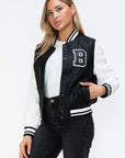 Love Me Now PU Leather Contrast Snap Down Bomber Jacket