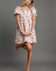 Umgee Heart Jacquard Square Neck Puff Sleeve Mini Dress