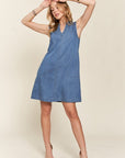 ADORA Notched Sleeveless Denim Dress with Pockets