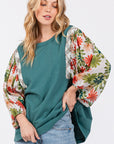 SAGE + FIG Full Size Printed Balloon Sleeve Contrast Top