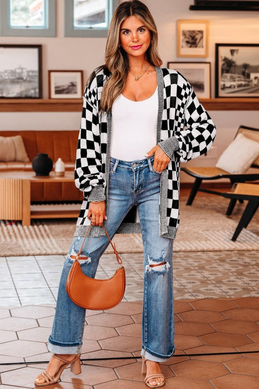 Checker Open Front Drop Shoulder Cardigan