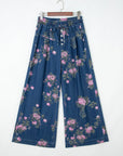 Floral Denim Pleated Tie Waist Wide Leg Jeans