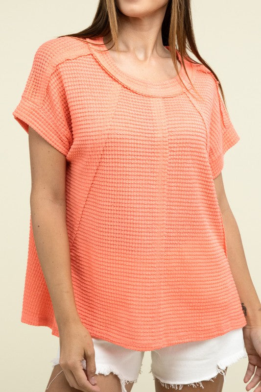 Zenana Brushed Waffle Exposed-Seam Short Sleeve Top