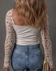 Floral Lace Patchwork Long Sleeve Square Neck Top