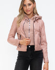 Snobbish Faux Leather Zip Up Drawstring Hooded Jacket