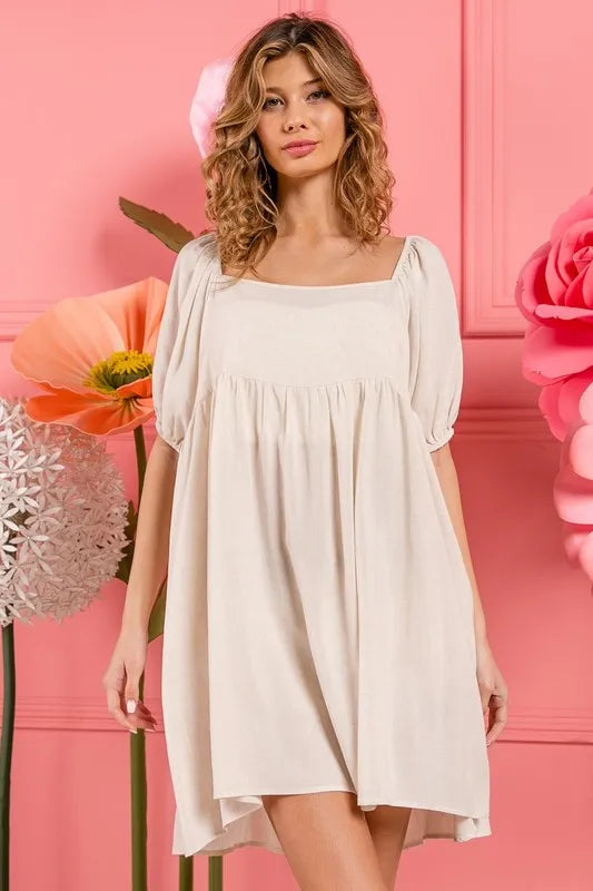 BiBi Washed Linen Tiered Midi Dress with Puff Sleeves