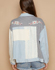 POL Raw Hem Crochet Embroidery Shacket with Chest Pockets