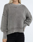 ZENANA Washed Side Slit Oversized Cropped Sweater