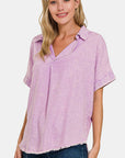 Zenana Washed Linen Raw Hem V-Neck Shirt - Black Lavender - M