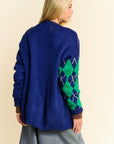 Davi & Dani Argyle V-Neck Dropped Shoulder Cardigan