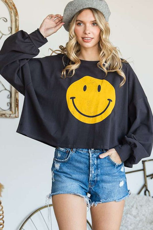 Jade By Jane Smiley Face Long Sleeve Crop Top