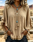 Women's Boho V-Neck Lace-Up Ruffle Sleeve Blouse – Lace Trim