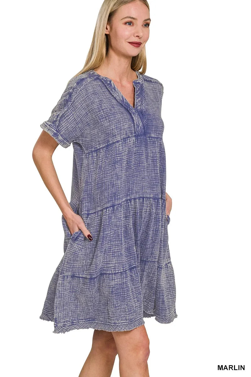 Zenana Washed Double Gauze Raw Edge V-neck Dress in Marlin