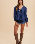 Annie Wear Tie Front Peplum Long Sleeve Denim Top