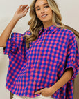 BiBi Plaid Button Up Dolman Sleeve Shirt