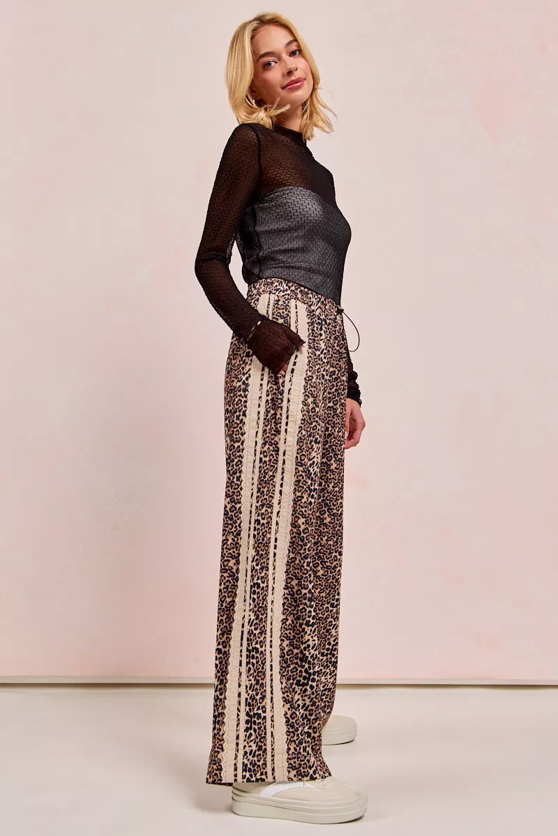 BiBi Leopard Printed Track Pants with Side Contrast Lace