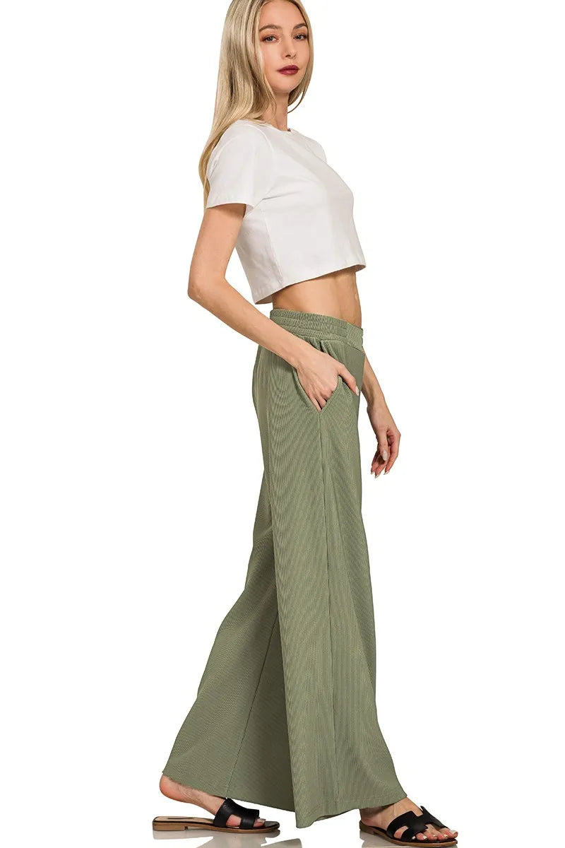 Zenana Ribbed High Neck Half Zip Pullover & Pants Set in Olive