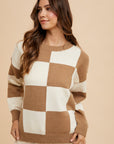 Annie Wear Checkered Round Neck Dropped Shoulder Sweater