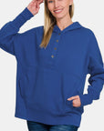 Zenana Half Snap Long Sleeve Hoodie with Kangaroo Pocket