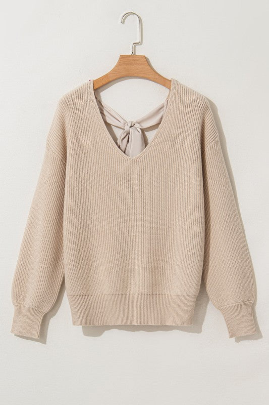Bow Back Lantern Sleeve V-Neck Sweater