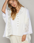 POL Crochet Patchwork Frayed Edge Half Button Knit Top