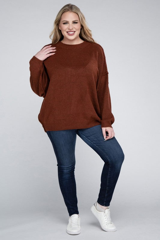 Zenana Plus Oversized Round Neck Raw Seam Melange Sweater