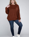 Zenana Plus Oversized Round Neck Raw Seam Melange Sweater