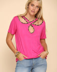 Celeste Full Size Crisscross Cutout Leopard Contrast Trim T-Shirt