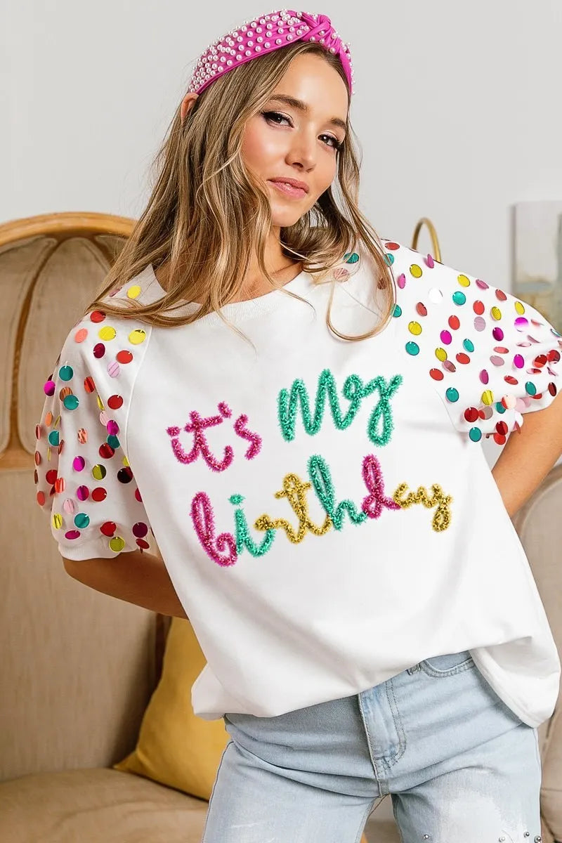 BiBi Metallic Letter Spangle Raglan Puff Sleeve Top