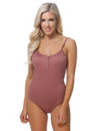 Solid Ribbed One Piece Swimsuit with Buttons