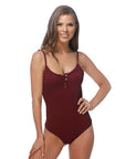 Solid Ribbed One Piece Swimsuit with Buttons