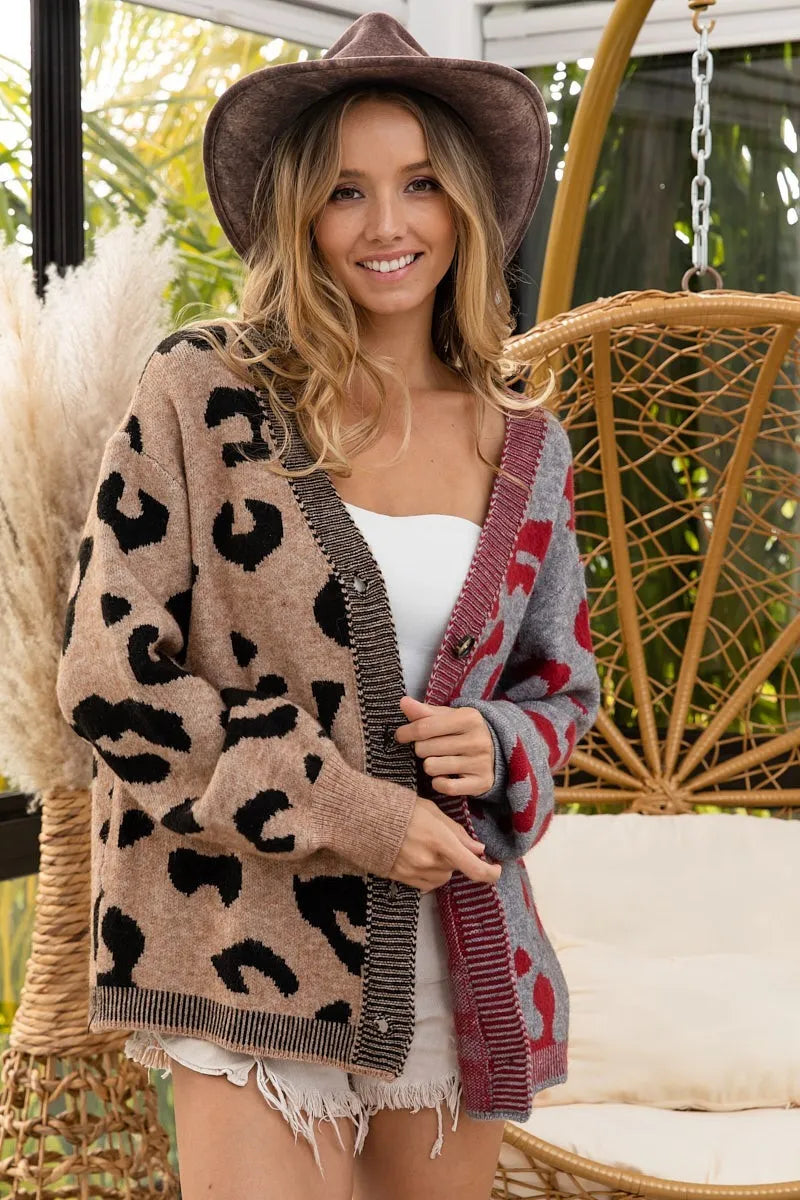 BiBi Leopard Color Block Button Down Sweater Cardigan in Taupe/Grey