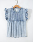 Vintage Washed Denim Pleated Ruffle Sleeve Top
