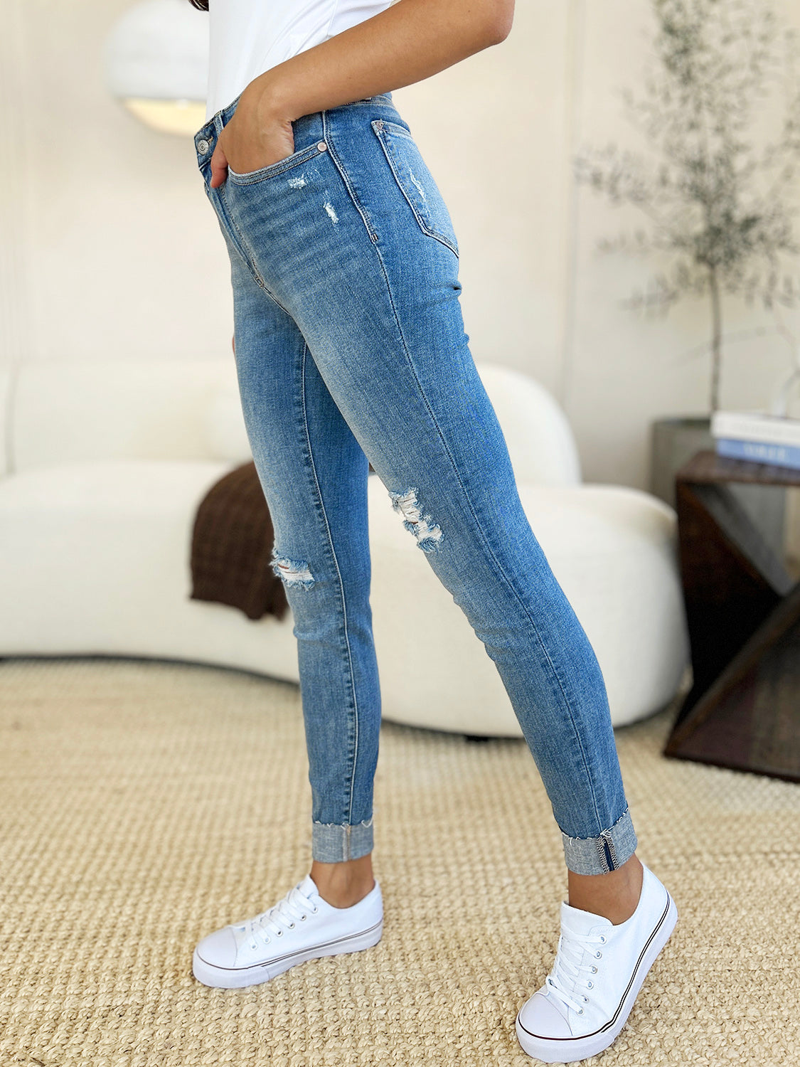 Judy Blue Full Size Mid Rise Destroy &amp; Cuff Skinny Jeans