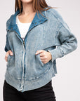 Zenana Acid Wash Cotton Waffle Hooded Zip-Up Jacket