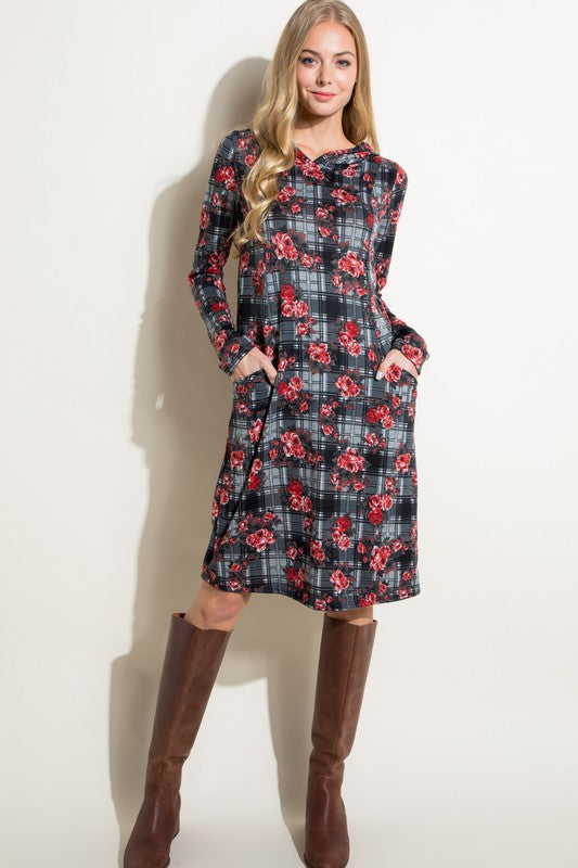 e Luna Floral and Plaid Print Sweatshirt Mini Dress