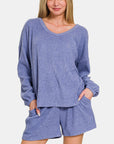 Zenana V-Neck Long Sleeve Ribbed Top and Shorts Set