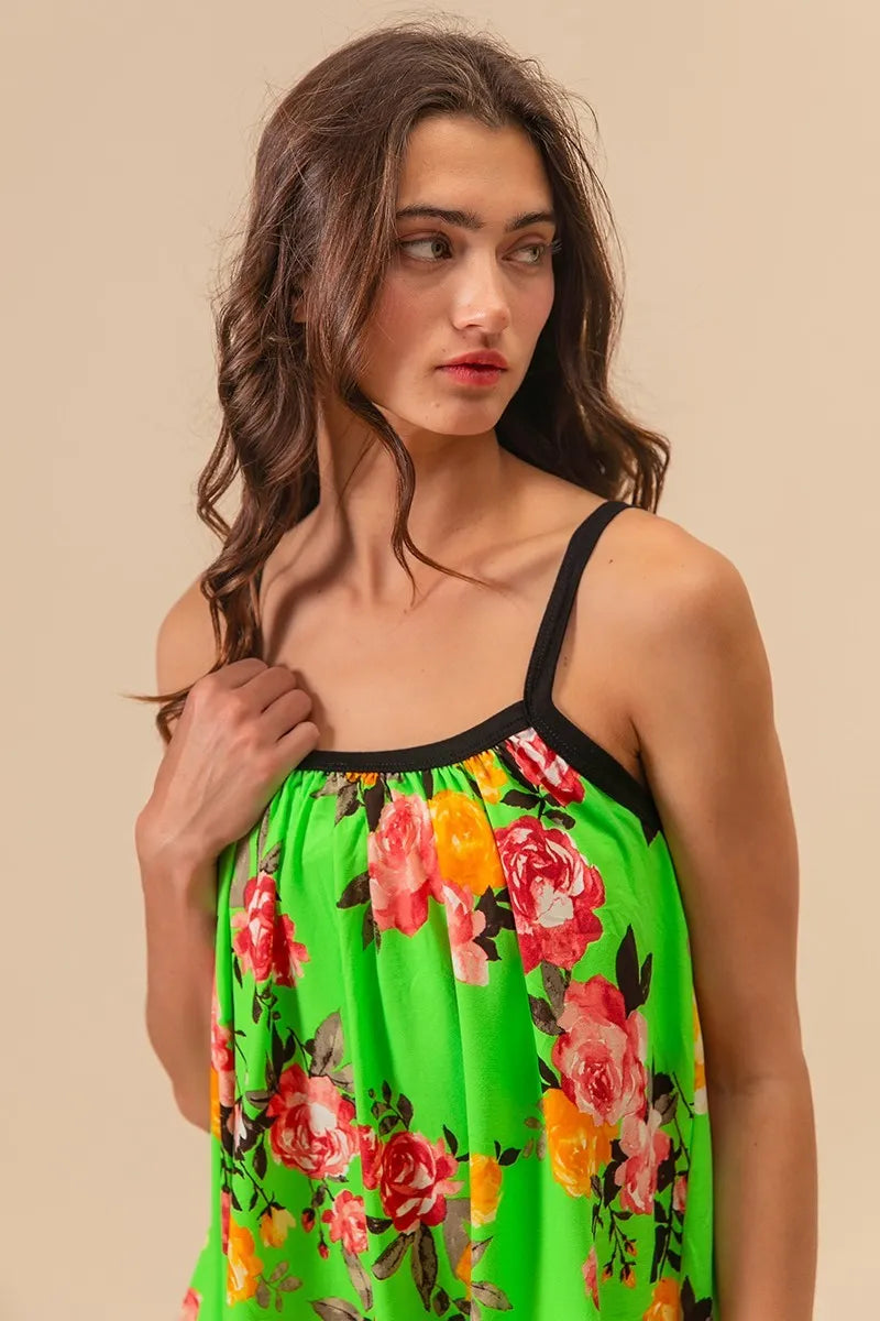 BiBi Floral Print Jersey Knit Gathering Cami Top in Lime
